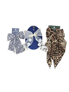 Set Of 3 Hair Bows With Floral Plaid & Leopard Patterns Includes Embellished Des